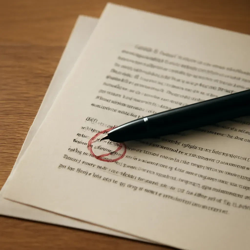 A close detail of paper, pen, and a marked-up proof on a work surface.