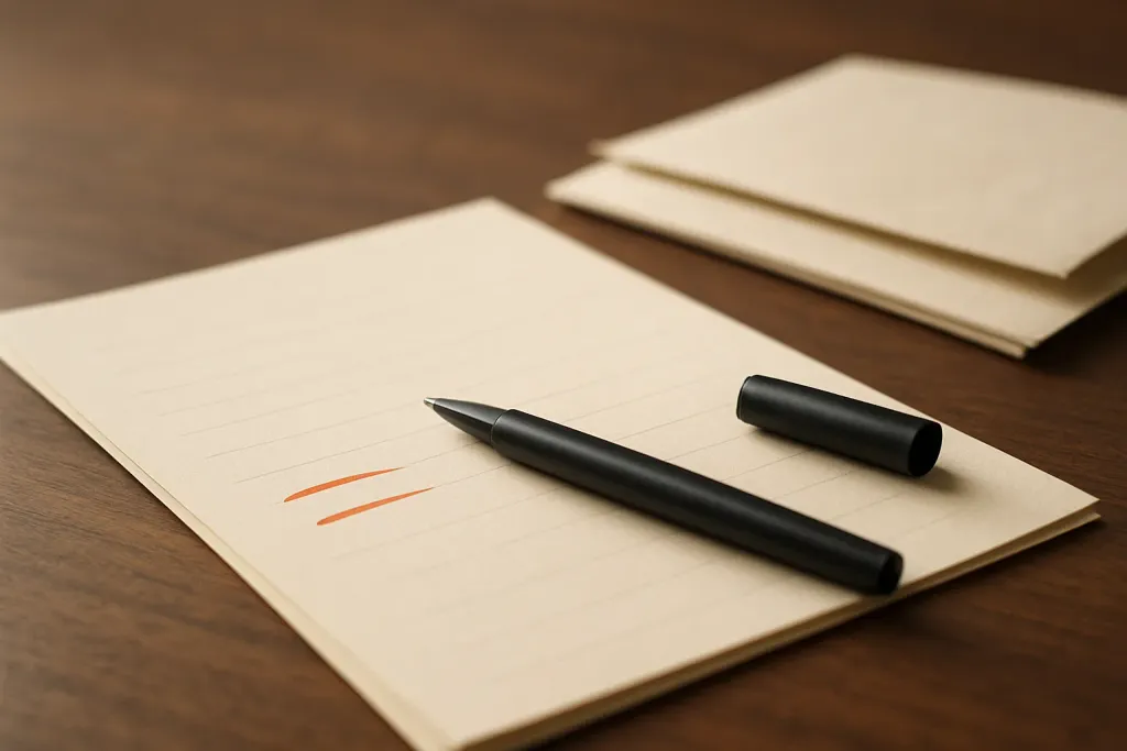 Loose cream manuscript pages on a walnut desk with a pen resting across the top sheet.