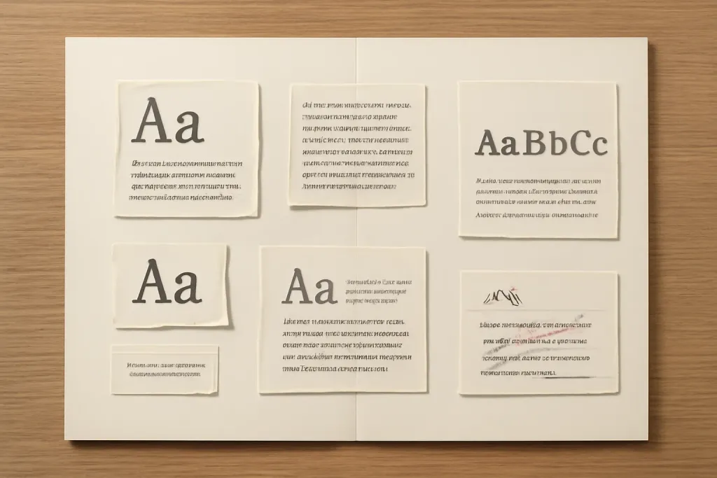 A style-guide spread showing type samples and a swatch of notes, laid out as reference material.