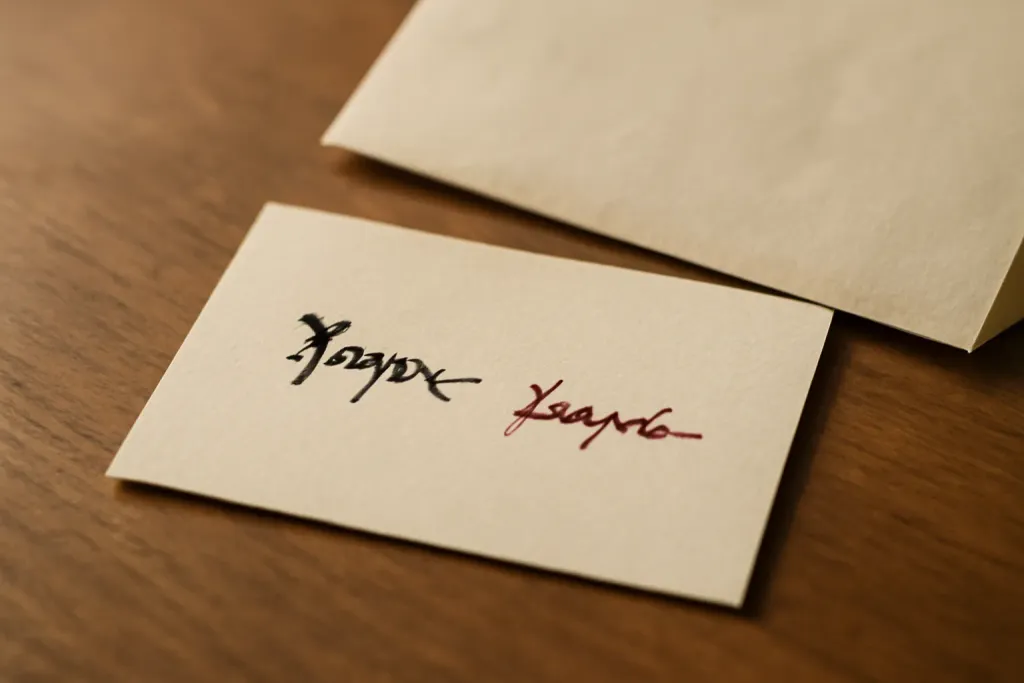 A handwritten note beside a folded letter, close-cropped on a warm desk surface.