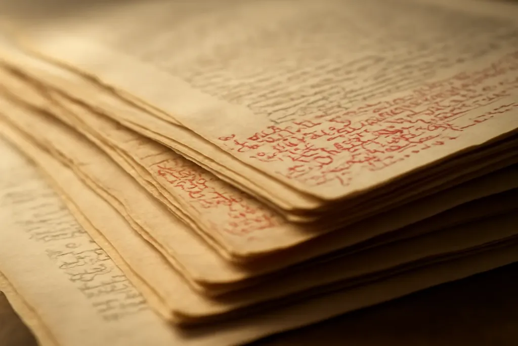 Layered manuscript pages stacked with visible depth, one partially annotated.