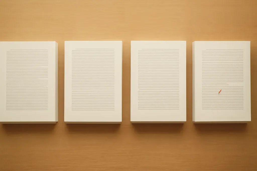 Neatly stacked proof sheets, evenly lit, arranged in a precise row.