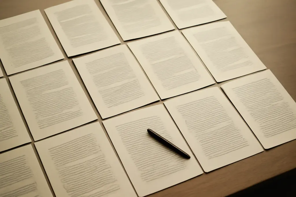 A wide spread of manuscript and proof-sheet pages laid out on a desk.