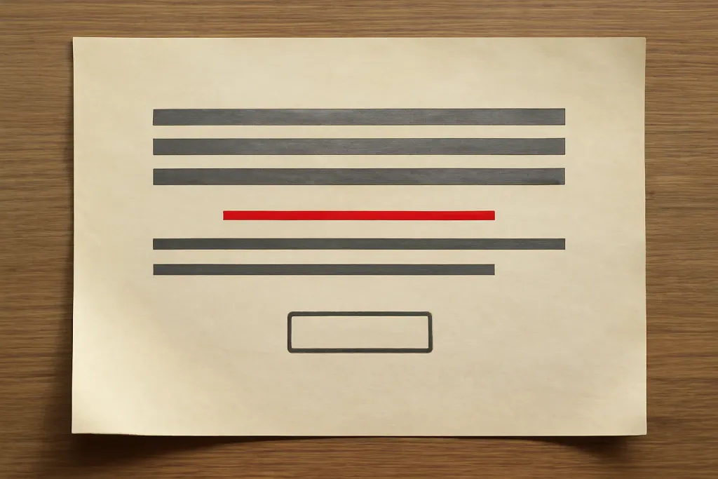 A styled homepage hero mockup on manuscript-textured paper, one line struck and rewritten in red ink.